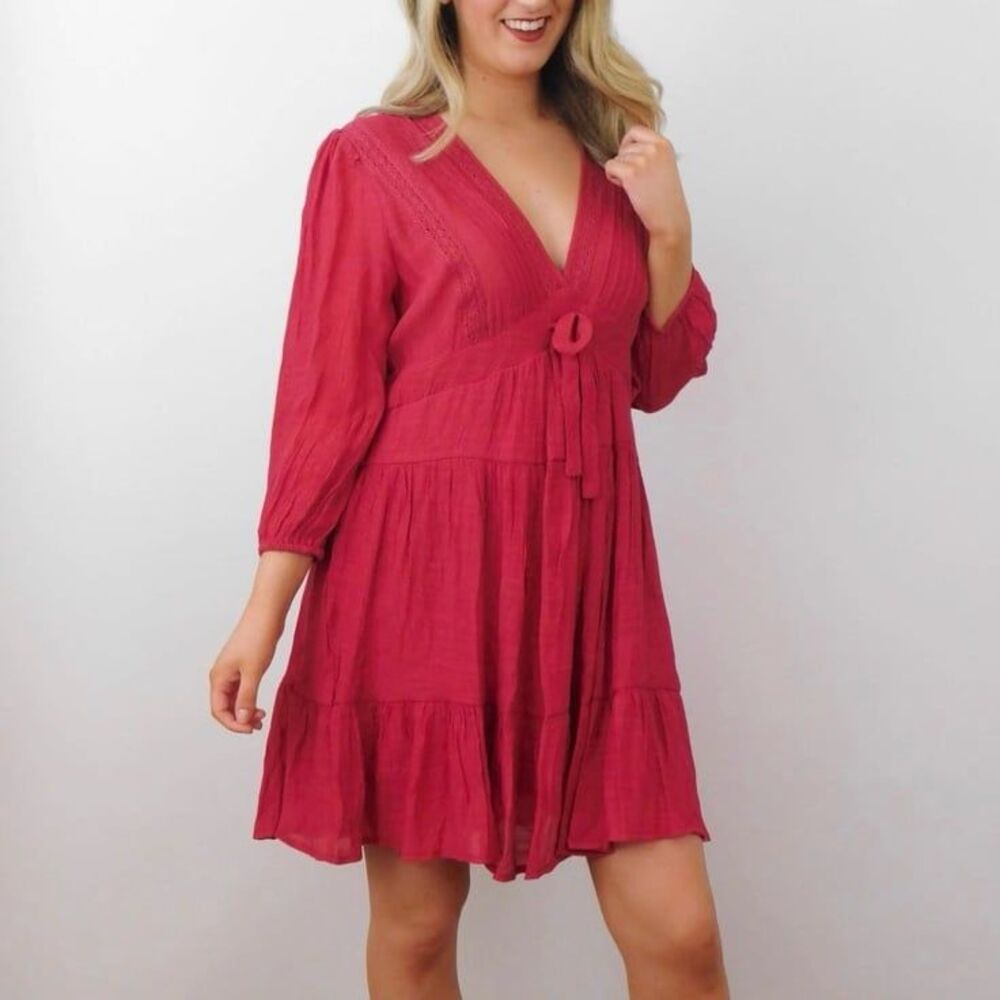 Baevely Bohemian Crimson Red Crochet Detailed V Neck Babydoll Mini Dress Size M